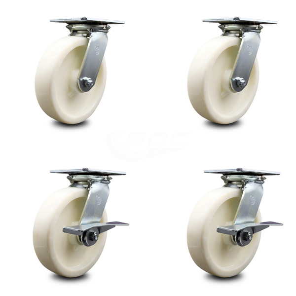 Service Caster 8 Inch Nylon Swivel Caster Set with Roller Bearings 2 Brakes SCC-35S820-NYR-2-SLB-2
